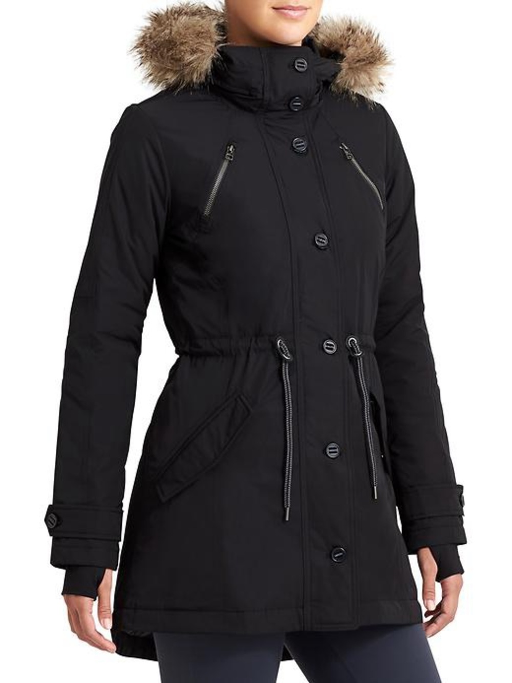 Athleta Primaloft Peak Parka Black Faux Fur Trim Hooded Coat Jacket Size Small - Picture 2 of 9